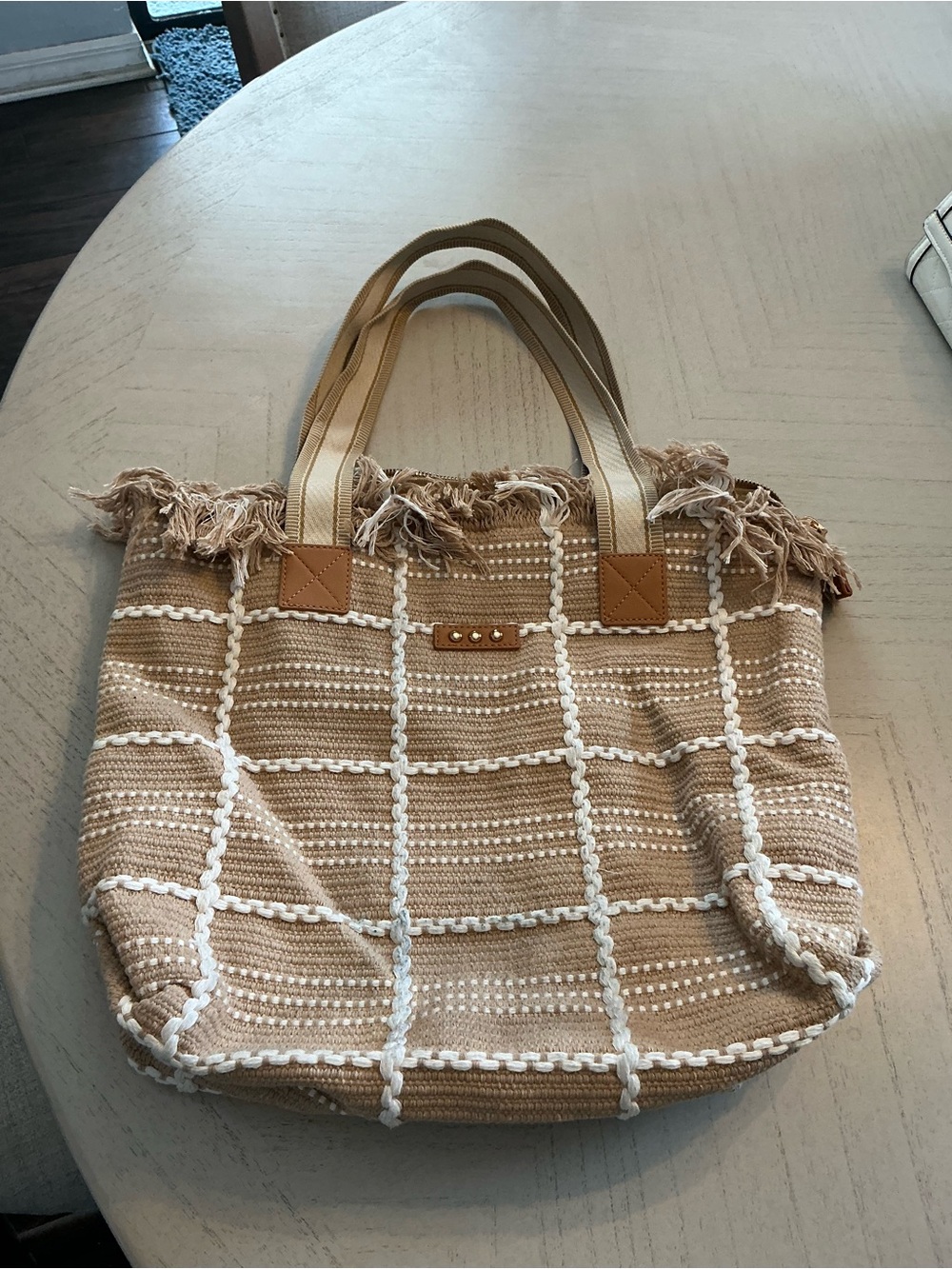 Beige Woven Fringe Tote Bag with White Grid Stitching